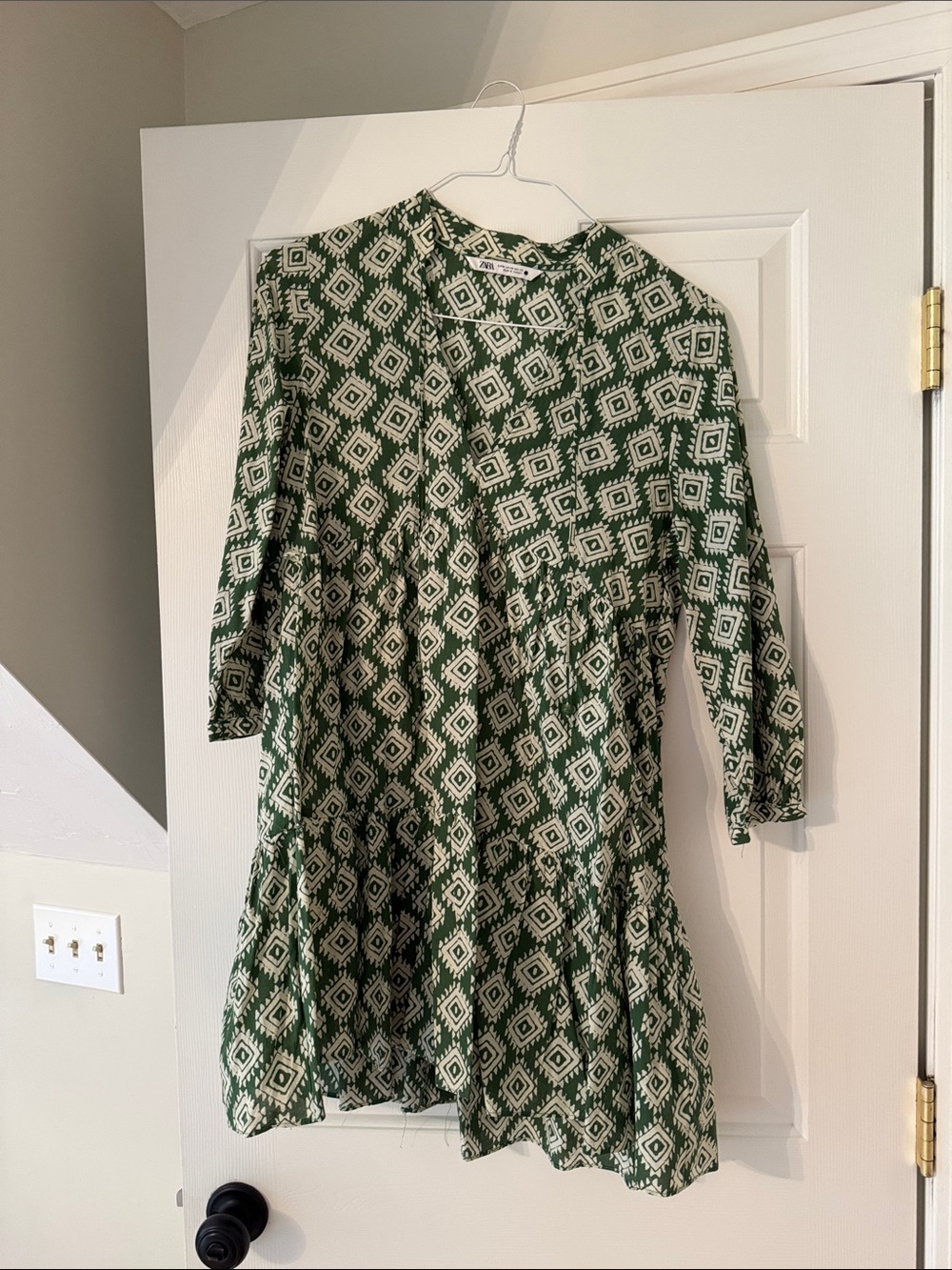 Zara Green and White Geometric Mini Dress